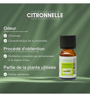  flacon de citronnelle entouré de feuilles fraîches pour illustrer la naturalité du produit