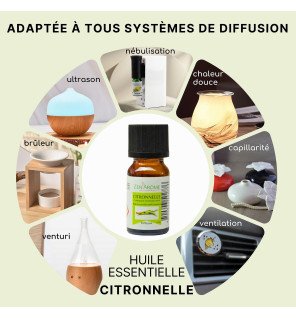 détail de l'étiquette du flacon mettant en avant la pureté de l'huile essentielle