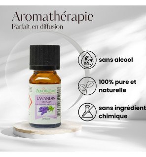  bouteille d’huile essentielle lavandin grosso avec bouchon noir et étiquette violette