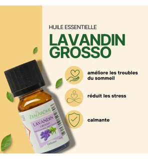  flacon d’huile essentielle lavandin grosso présenté dans une salle de bain au style naturel