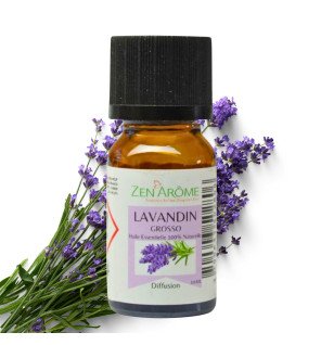  huile essentielle lavandin grosso 10 ml posée sur un tissu en lin beige pour une ambiance douce