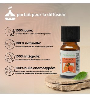  petit flacon d’huile essentielle orange douce avec bouchon noir et étiquette colorée
