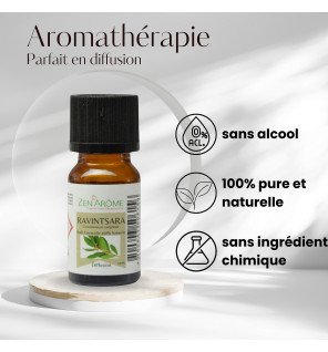  bouteille d’huile essentielle ravintsara 10 ml avec bouchon noir et étiquette verte