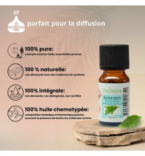  gros plan sur l’étiquette du flacon d’huile essentielle de romarin 10 ml