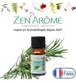  huile essentielle de romarin entourée de brins de romarin frais pour une ambiance naturelle