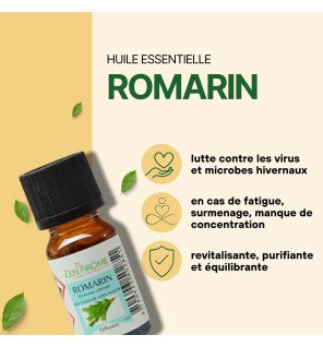  bouteille de romarin huile essentielle sur fond blanc avec lumière douce