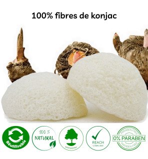  éponge konjac suspendue pour sécher à côté d’autres accessoires de beauté naturels