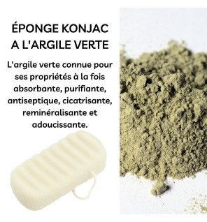  éponge écologique à l’argile verte placée à côté de produits de soin pour une ambiance zen