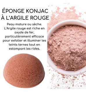  détail de l’éponge konjac montrant sa couleur rouge et sa surface légèrement poreuse