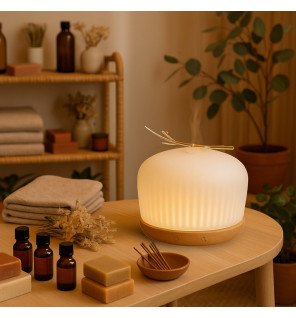  gros plan sur le diffuseur origin mettant en valeur la texture du bois naturel