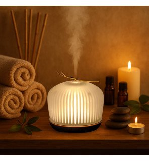  diffuseur origin en bois et verre sur une étagère décorative avec plantes vertes