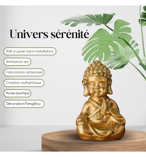  détail du visage serein du baby bouddha doré avec une finition brillante et raffinée